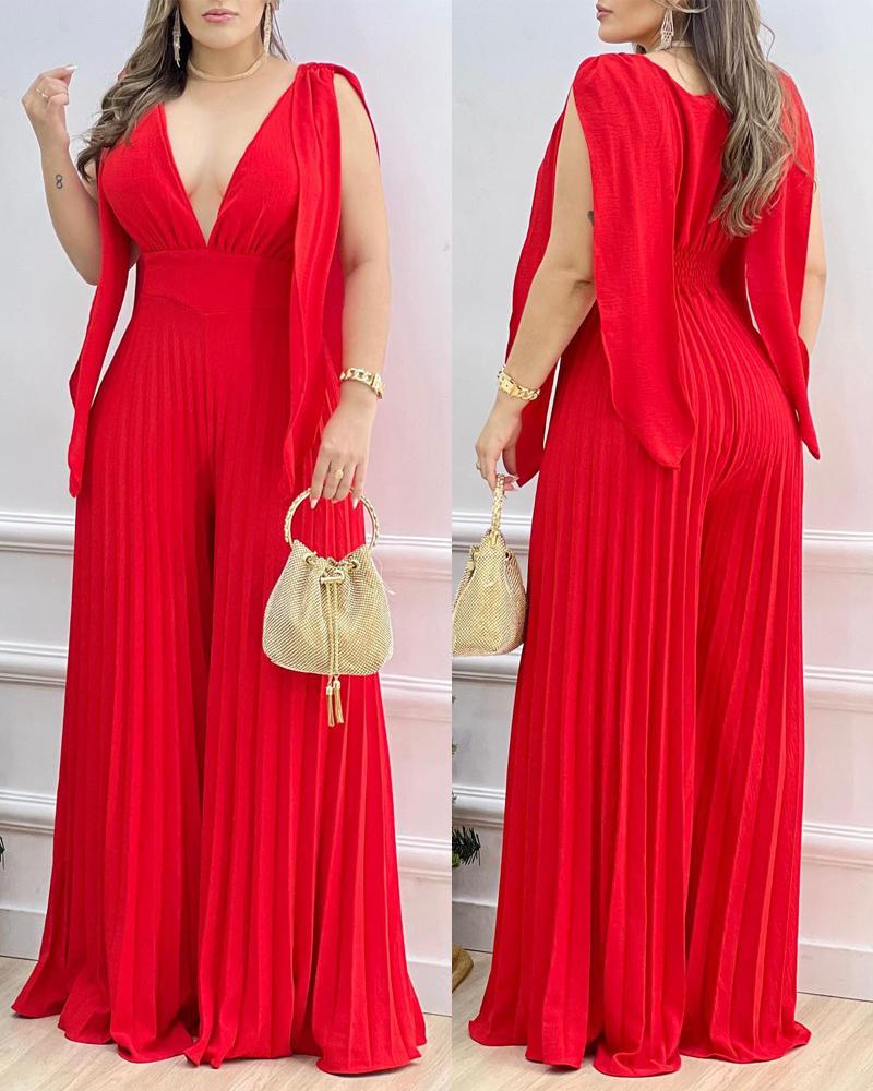 

V-Neck Split Sleeve Cinched Waisted Jumpsuit Pleated Wide Leg Romper, Red