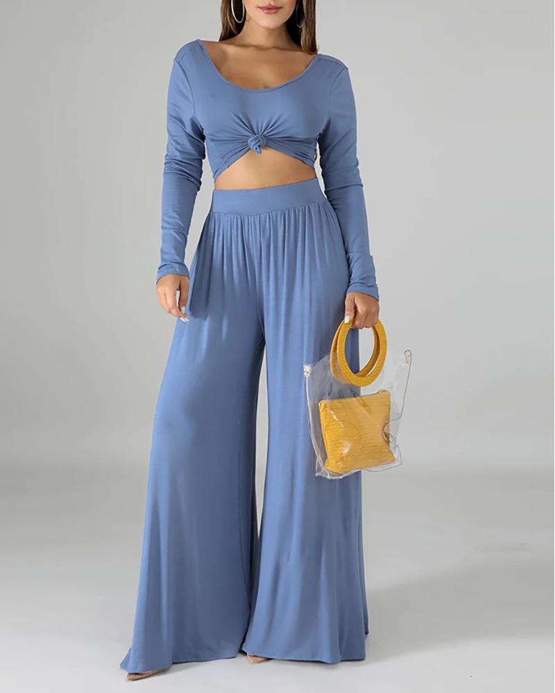 

Long Sleeve Crop Top & High Waist Wide Leg Pants Set, Blue