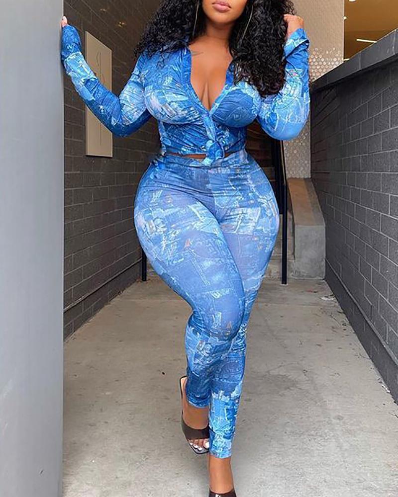 

Plus Size Graphic Print Bell Sleeve Top & Pants Set, Blue