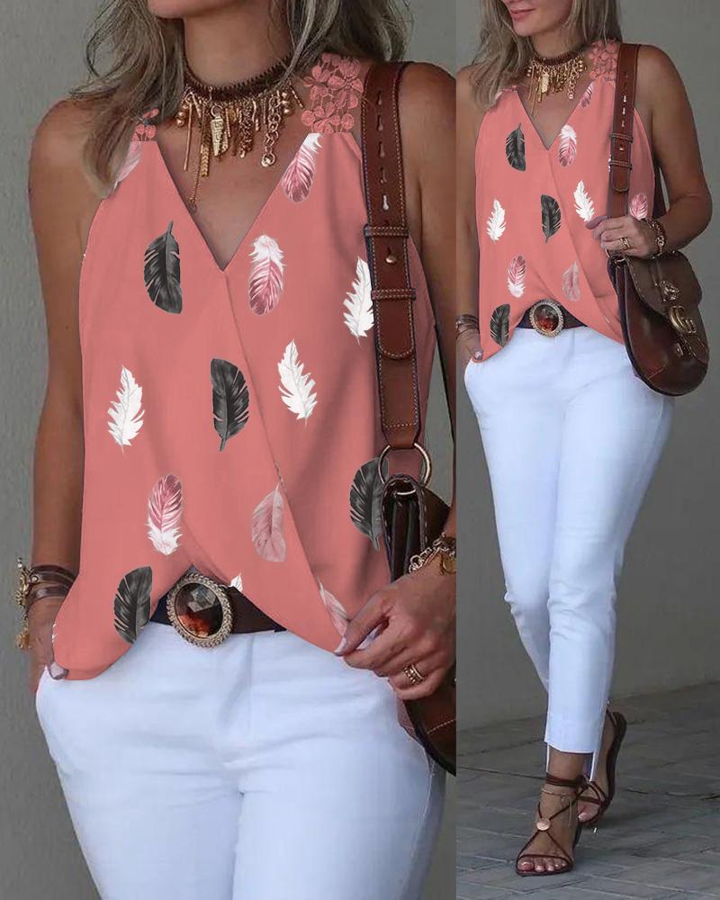 

Feather Print Guipure Lace Tank Top, Pink