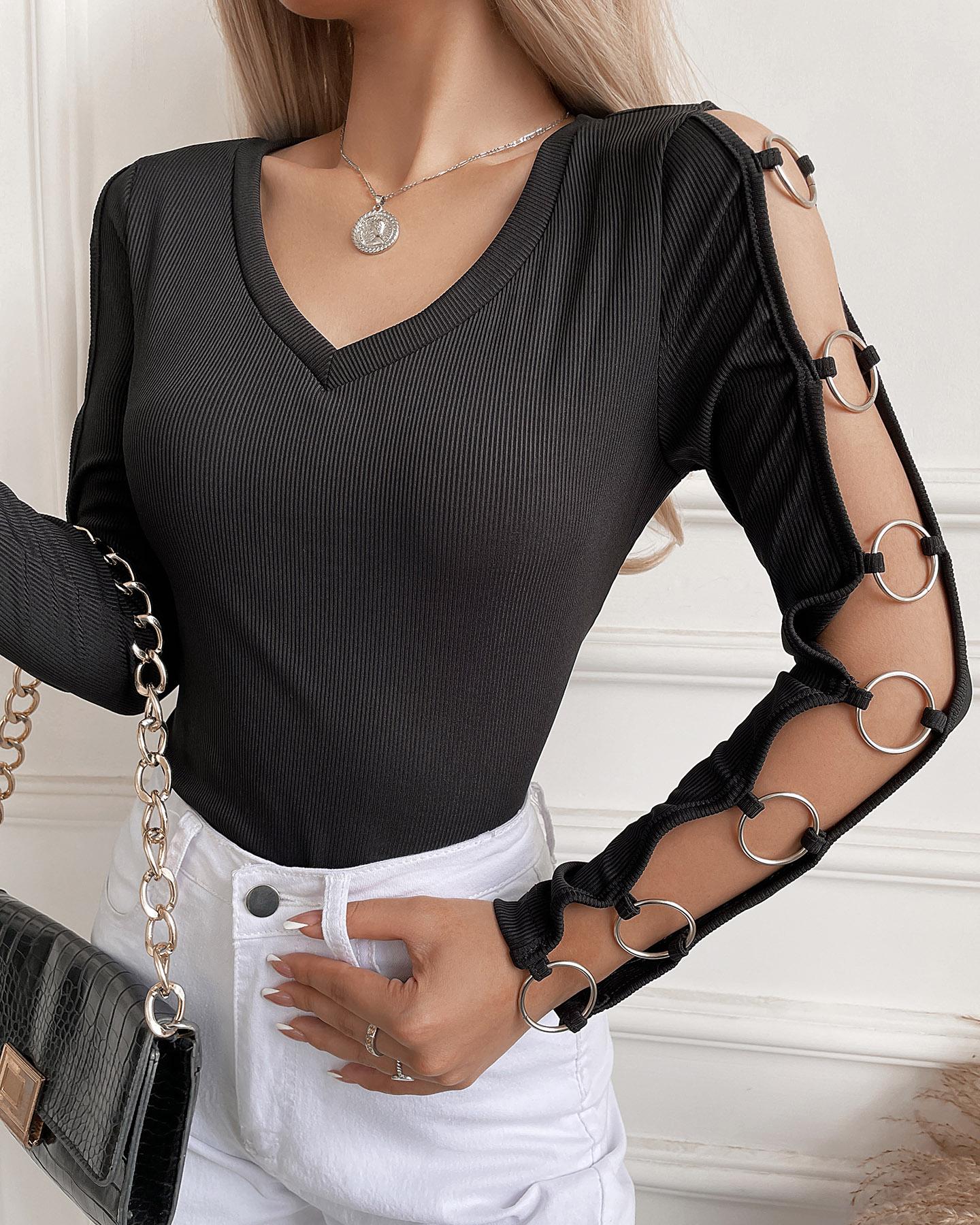 

O-Ring Decor Cutout Long Sleeve Top, Black