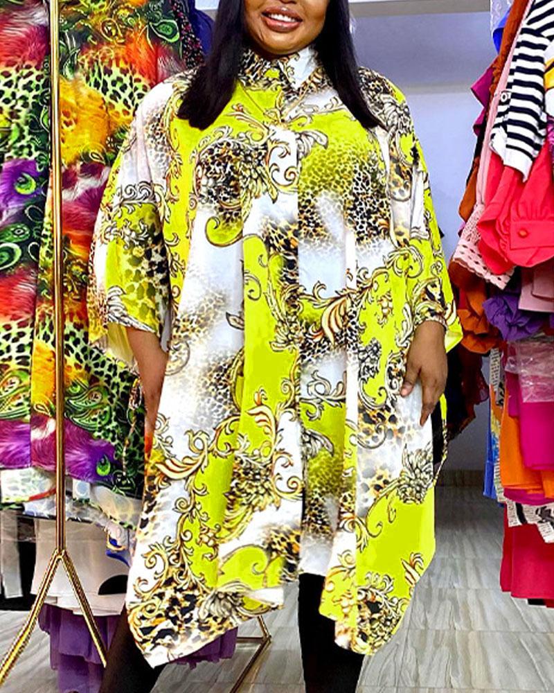 

Plus Size Baroque Leopard Print Button Front Shirt Dress, Yellow
