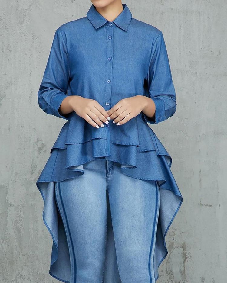 

Denim Layered Flounced Dip Hem Blouse, Blue