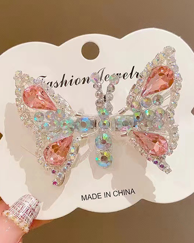 

1pc Crystal Stone Decor Flying Butterfly Childern Hair Clip, Pink