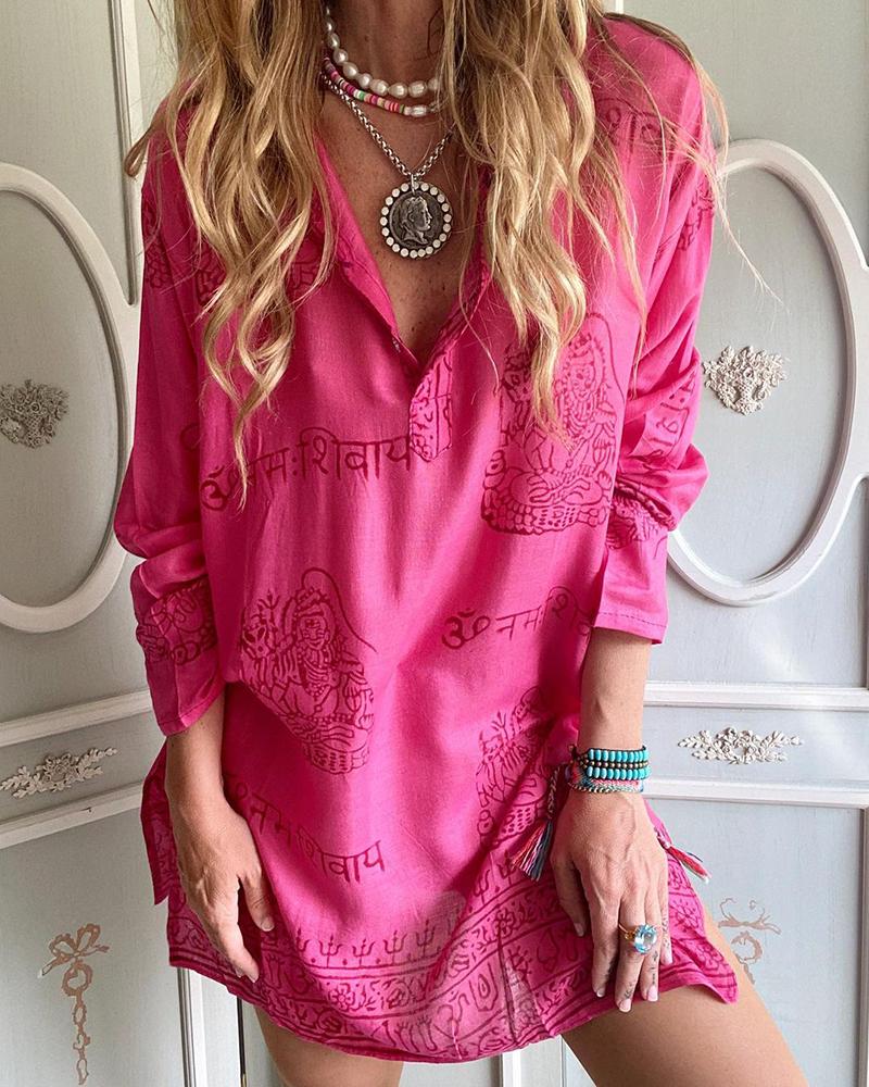 

All Over Print Long Sleeve Slit Shirt Dress, Pink