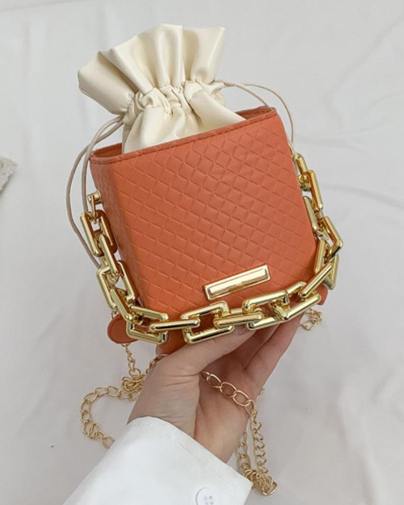 

Chain Strap Drawstring Bucket Crossbody Handbag, Orange