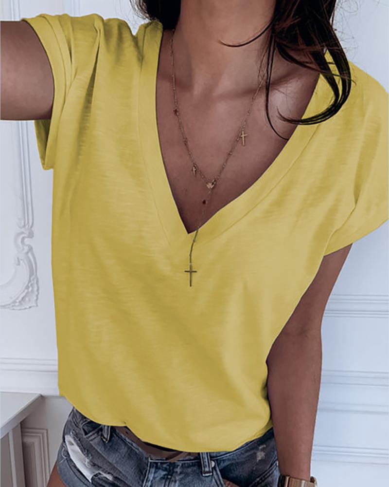 

Solid V-neck Short Sleeve T-shirt, Yellow