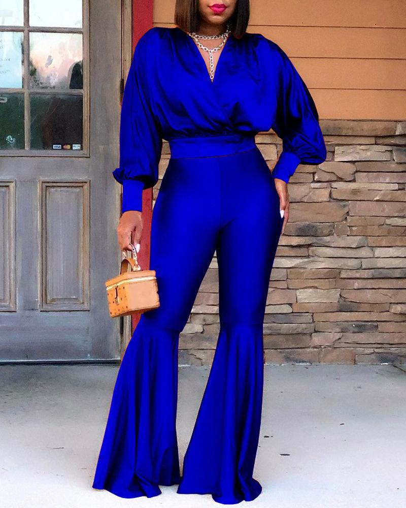 

Lantern Sleeve Top & Ruched Bootcut Pants Set, Blue