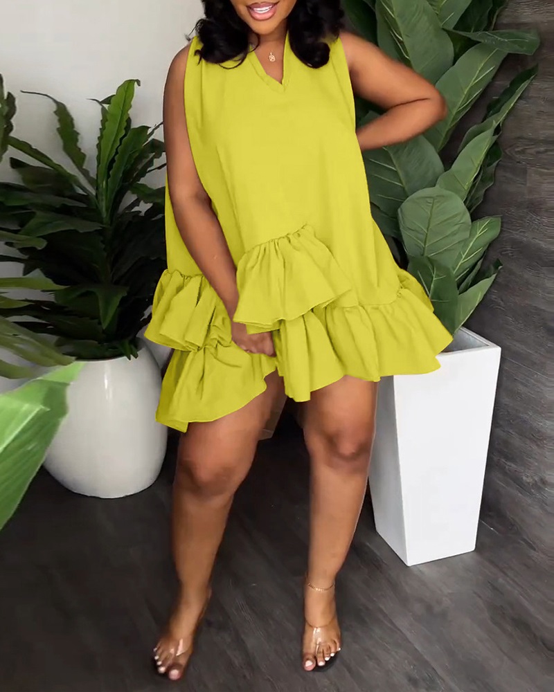 

V-Neck Layered Ruffle Hem Casual Dress, Yellow