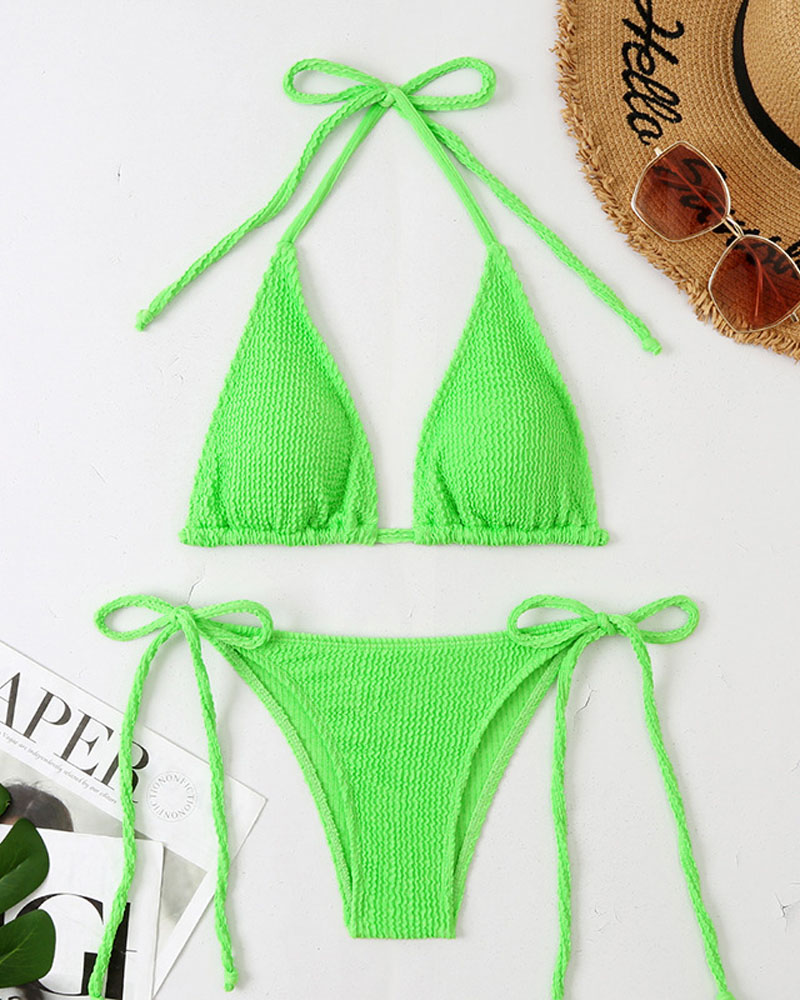 

Textured Tied Detail Halter Bikini Set, Green