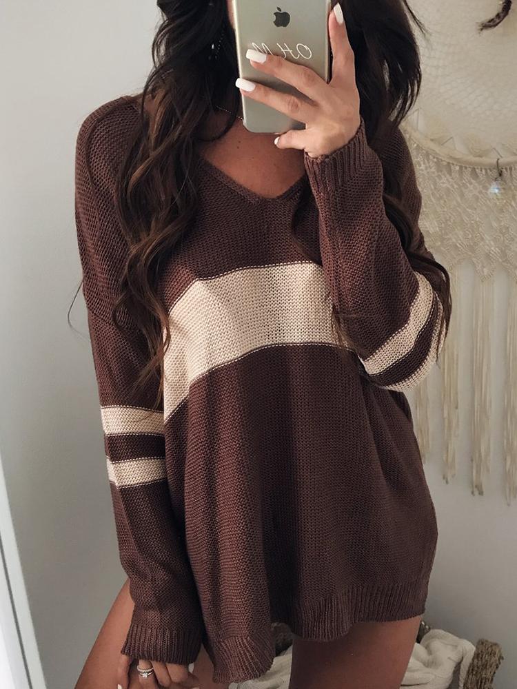 

Contrast Stripes V Neck Casual Sweater - Brown