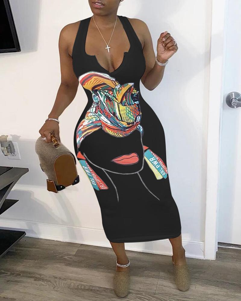 

Figure Print Plunge Thick Strap Midi Dress, Black