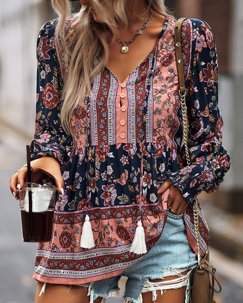 

Ditsy Floral Tribal Print Lantern Sleeve Top, Purplish blue