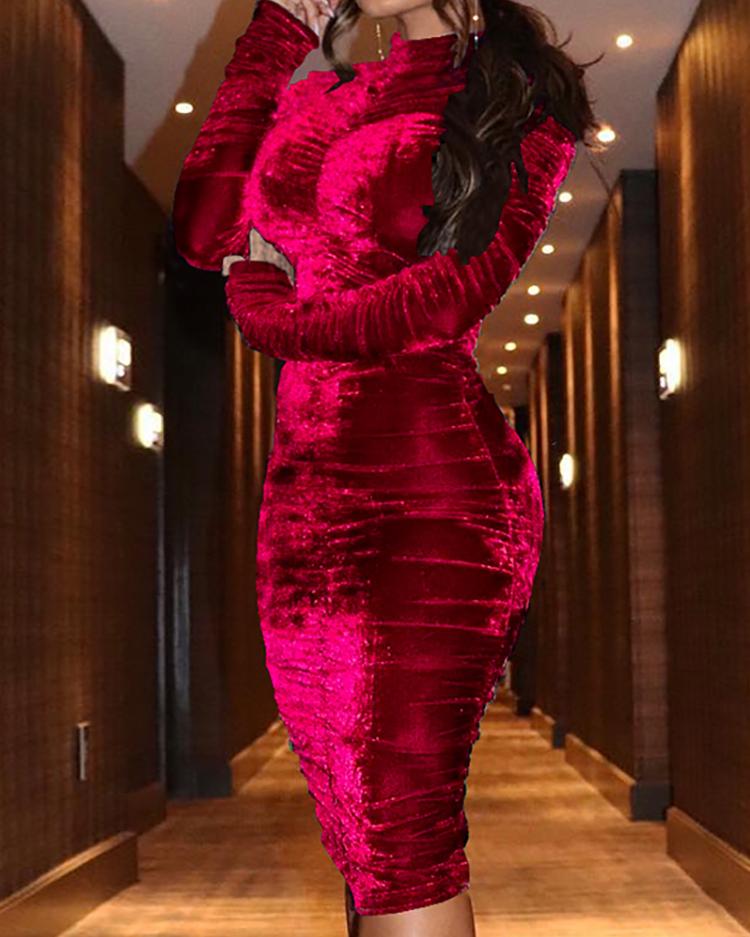 

Velvet Mock Neck Ruched Bodycon Dress, Red
