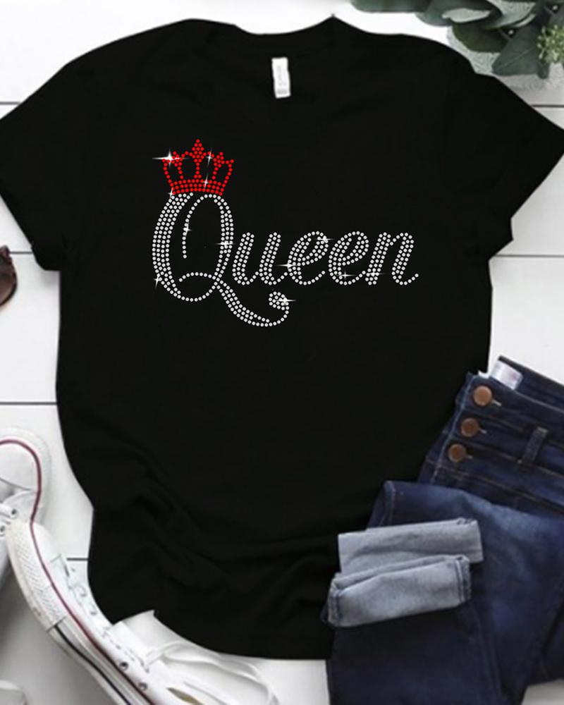 

O-Neck Rhinestone Crown Letter Pattern T-shirt, Black