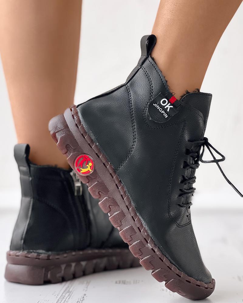 

PU Leather Lace-up Ankle Boots, Black