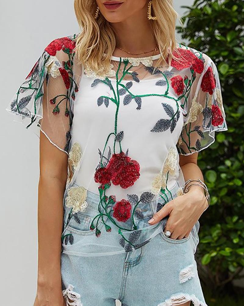 

Floral Embroidery Sheer Mesh T-shirt, White