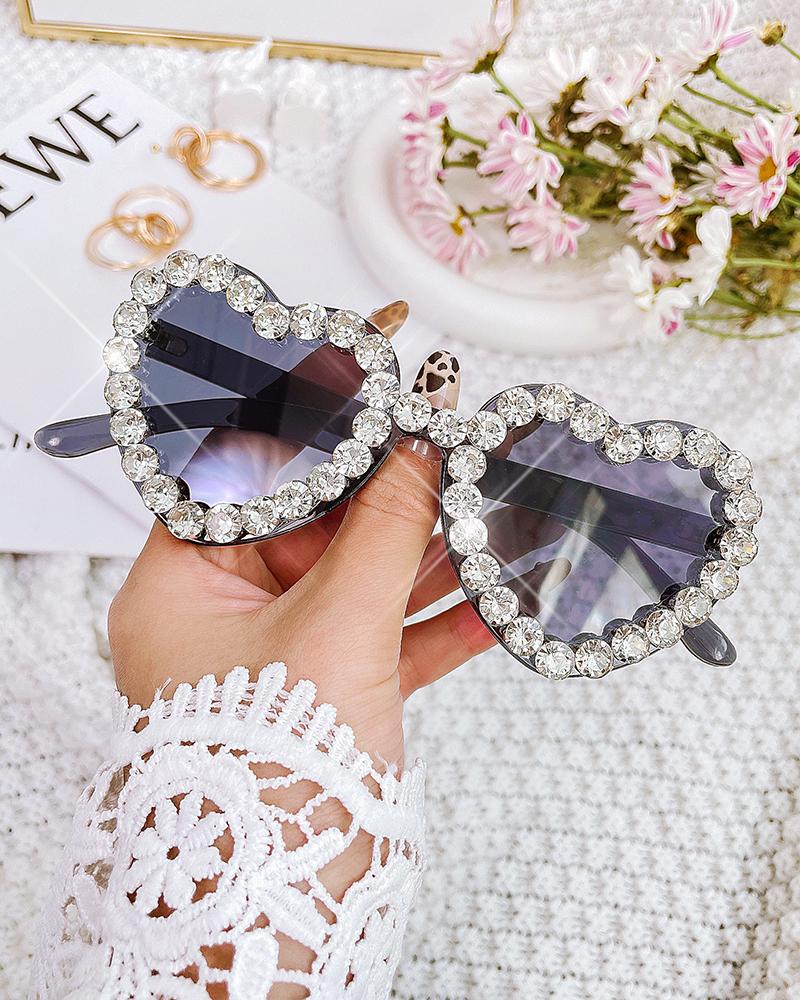 

1Pair Gradient Heart Shaped Rhinestone Trendy Sunglasses, Gray