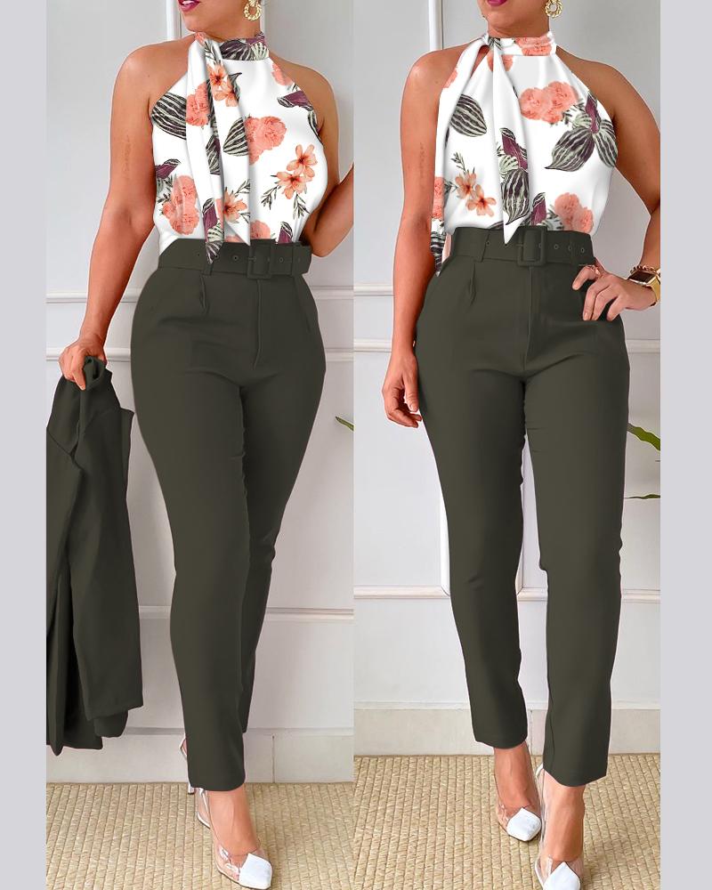 

Tropical Print Tie Neck Top & High Waist Pants Set With Belt, Army green