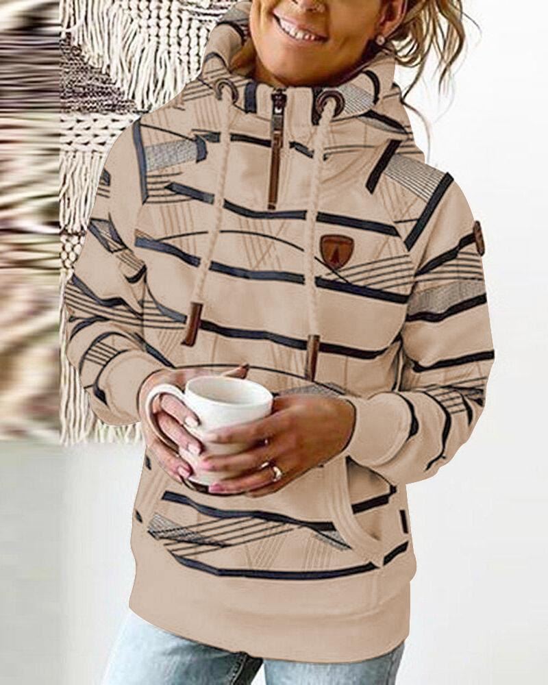 

Striped Print Long Sleeve Drawstring Hoodie, Khaki