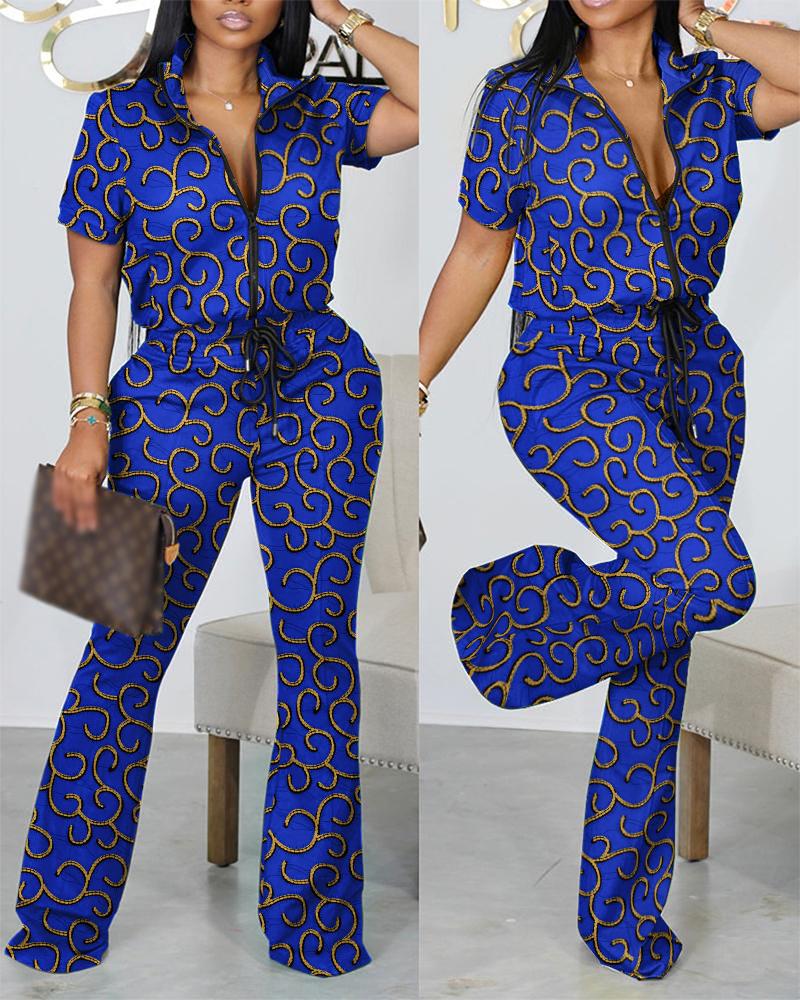 

Allover Print Zip Up Top & Drawstring Pants Set, Blue