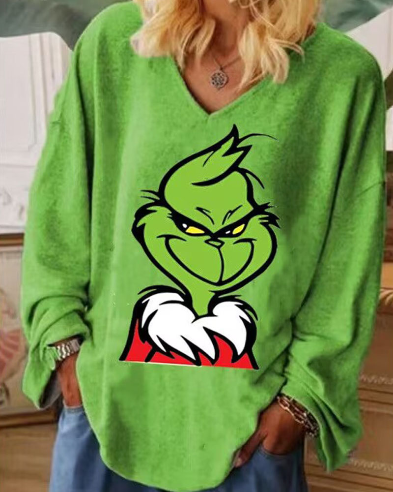 

Plus Size Grinch Stole Christmas Print Long Sleeve Top, Green