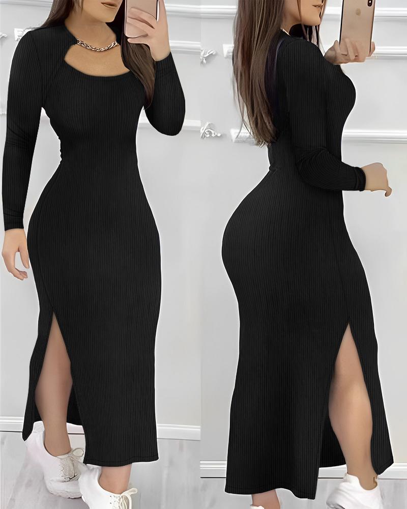 

Chain Decor Cutout High Slit Casual Dress, Black