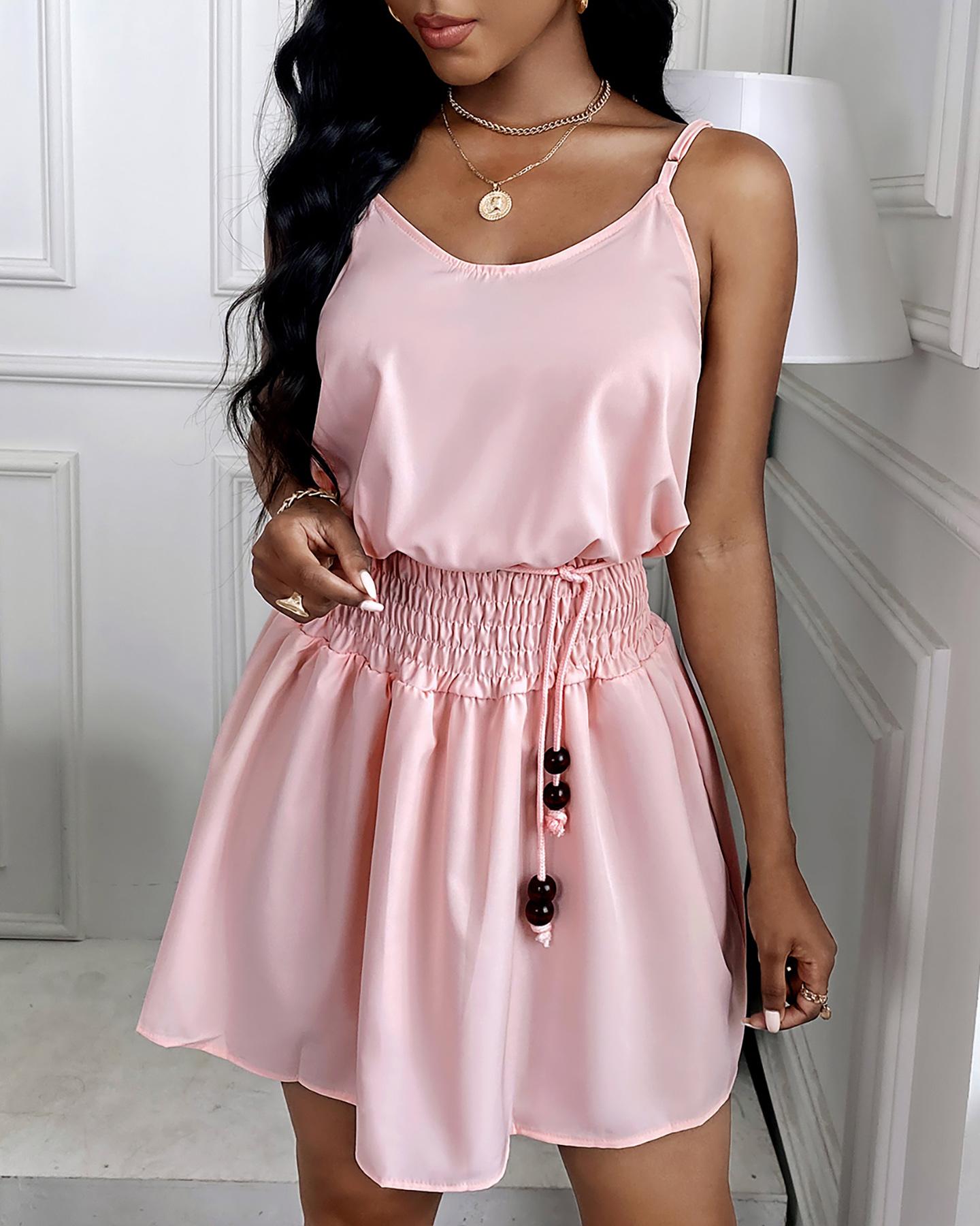 

Shirring Detail Spaghetti Strap Casual Dress, Pink