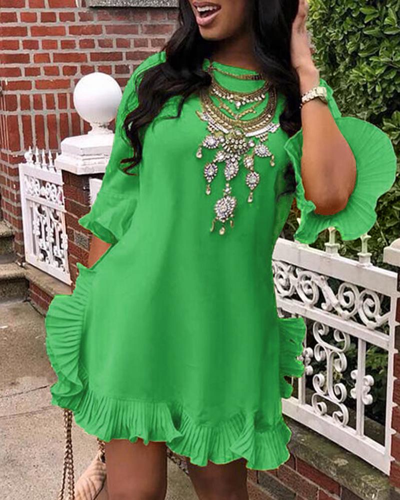 

Ruffled Hem Bell Sleeve Dress, Green