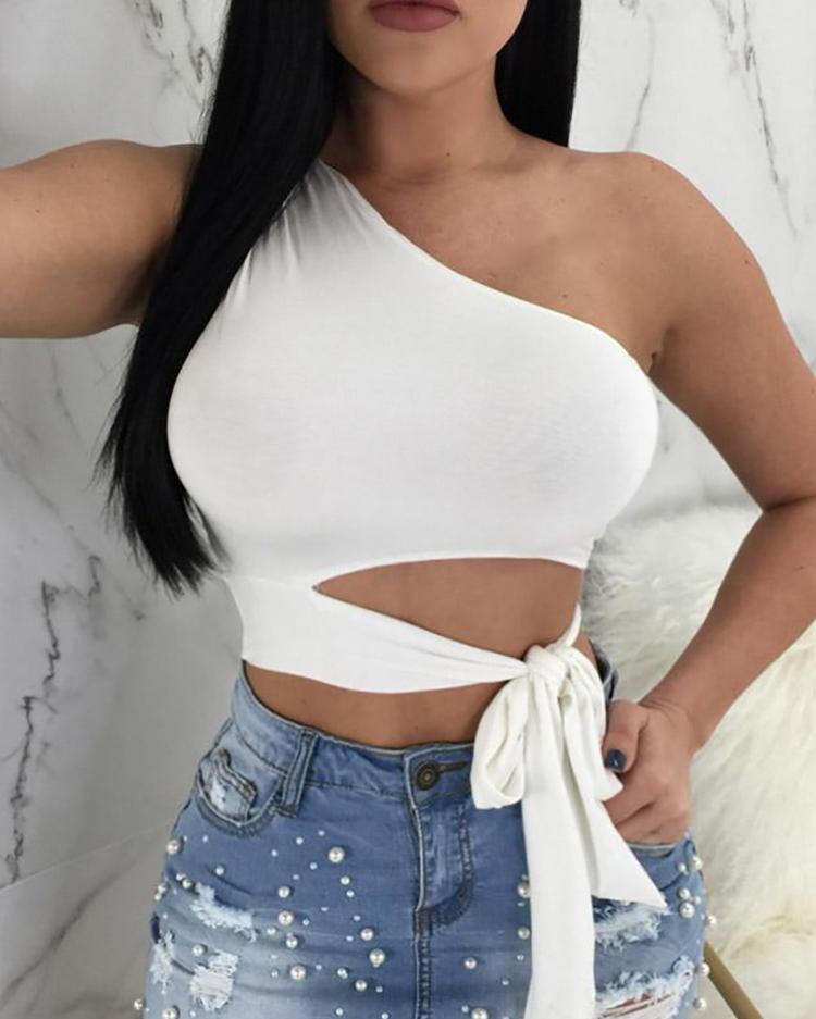 

Solid Color One Shoulder Tie Waist Cropped Top, White