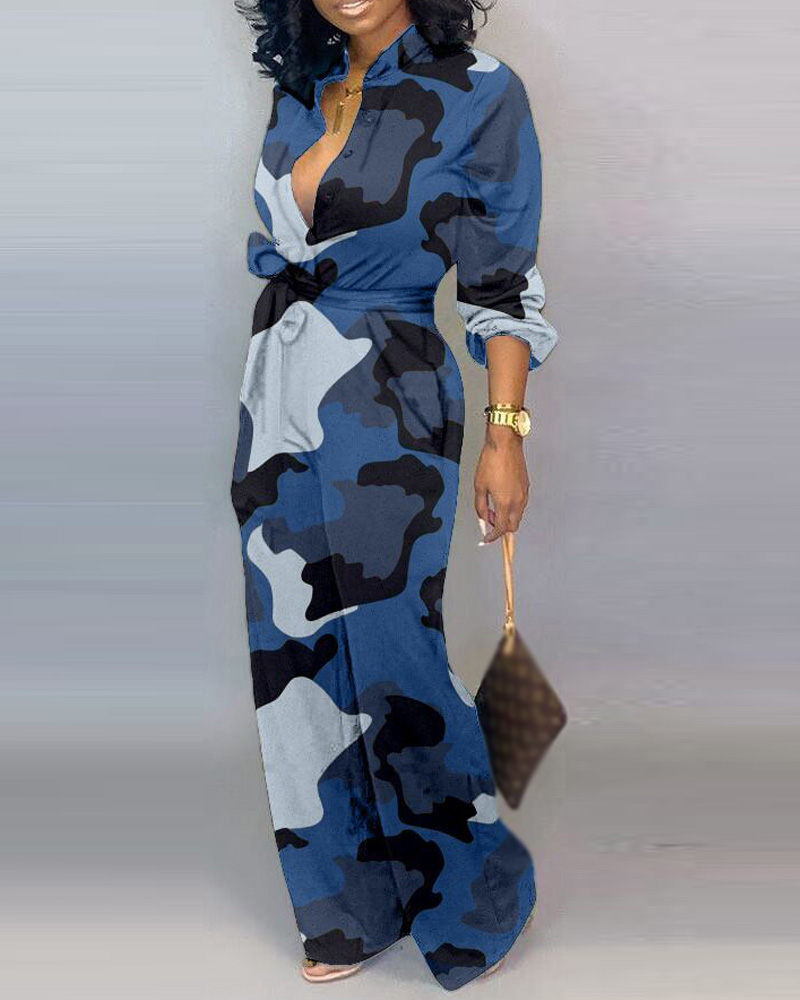 

Camouflage Print Long Sleeve Belted Jumpsuit, Blue