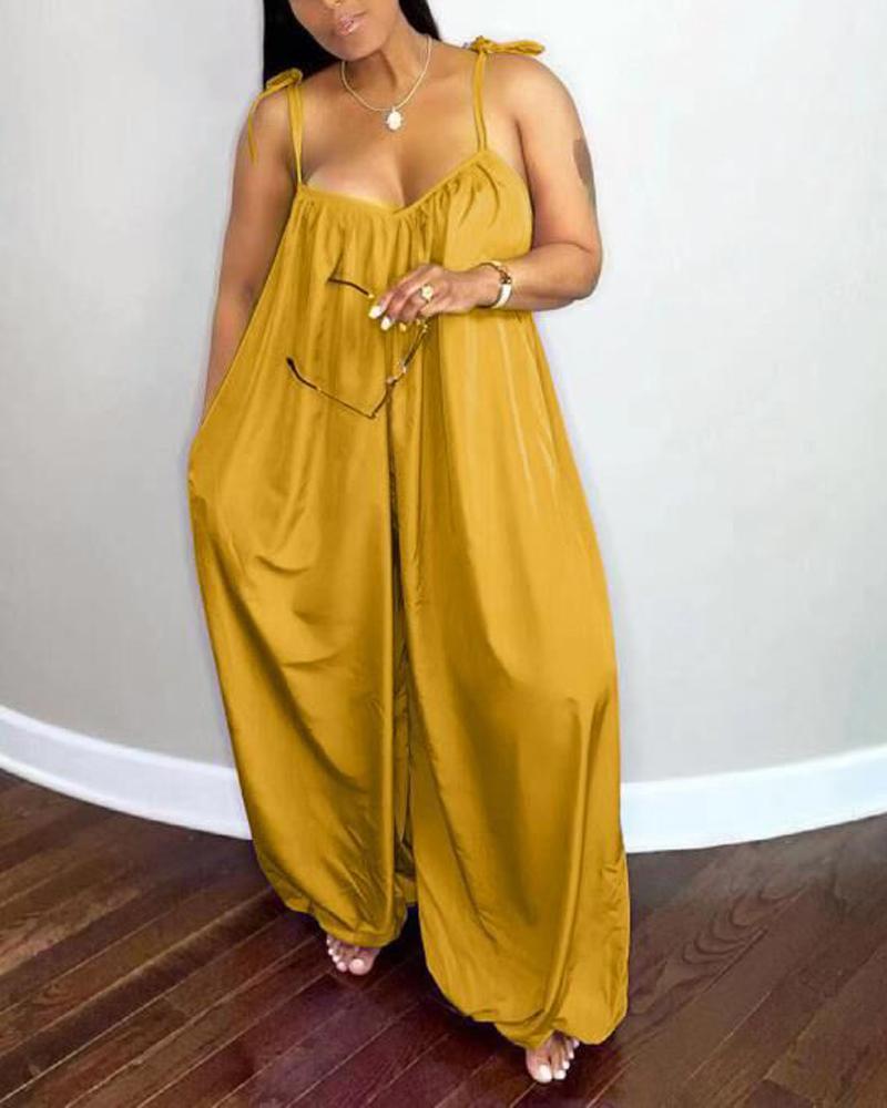 

Plus Size Tied Detail Spaghetti Strap Wide Leg Jumpsuit, Yellow