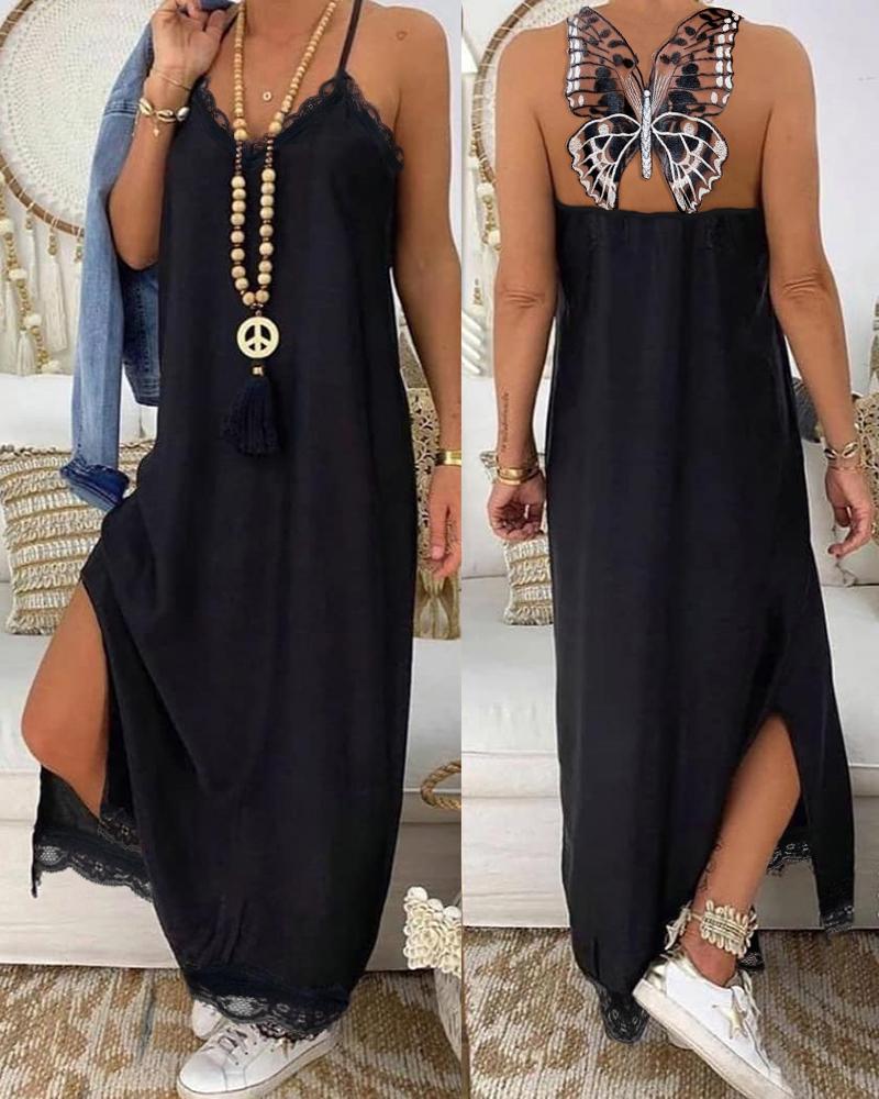 

Contrast Lace Butterfly Decor Split Hem Maxi Dress, Black