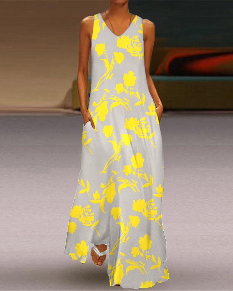 

Plants Print Sleeveless Maxi Dress, Yellow