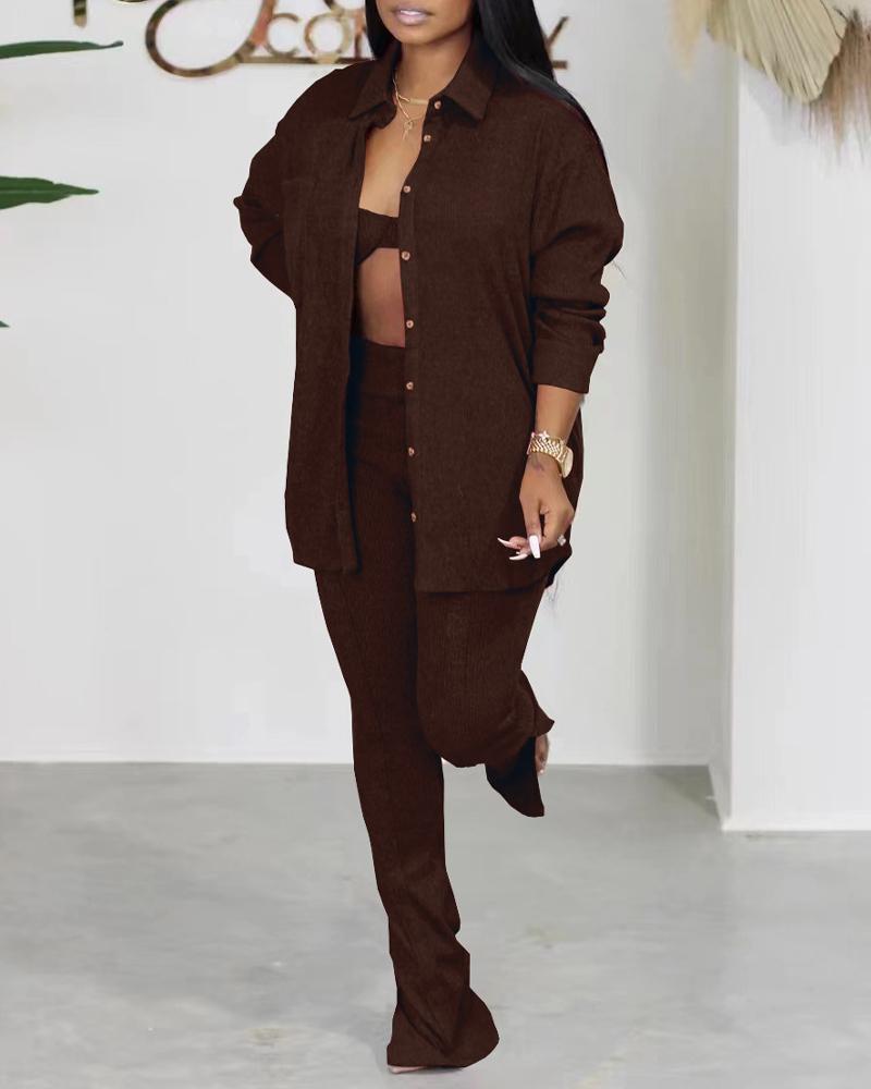 

3PCS Ribbed Button Down Shirt & Pants Set With Crop Top, Coffee