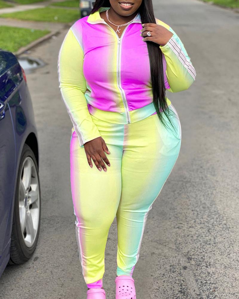 

Plus Size Gradient Color Striped Tape Top & Pants Set, Yellow