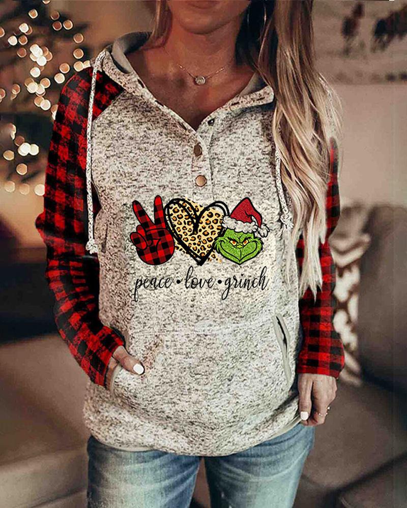 

Christmas Print Button Front Drawstring Hoodie, Style3