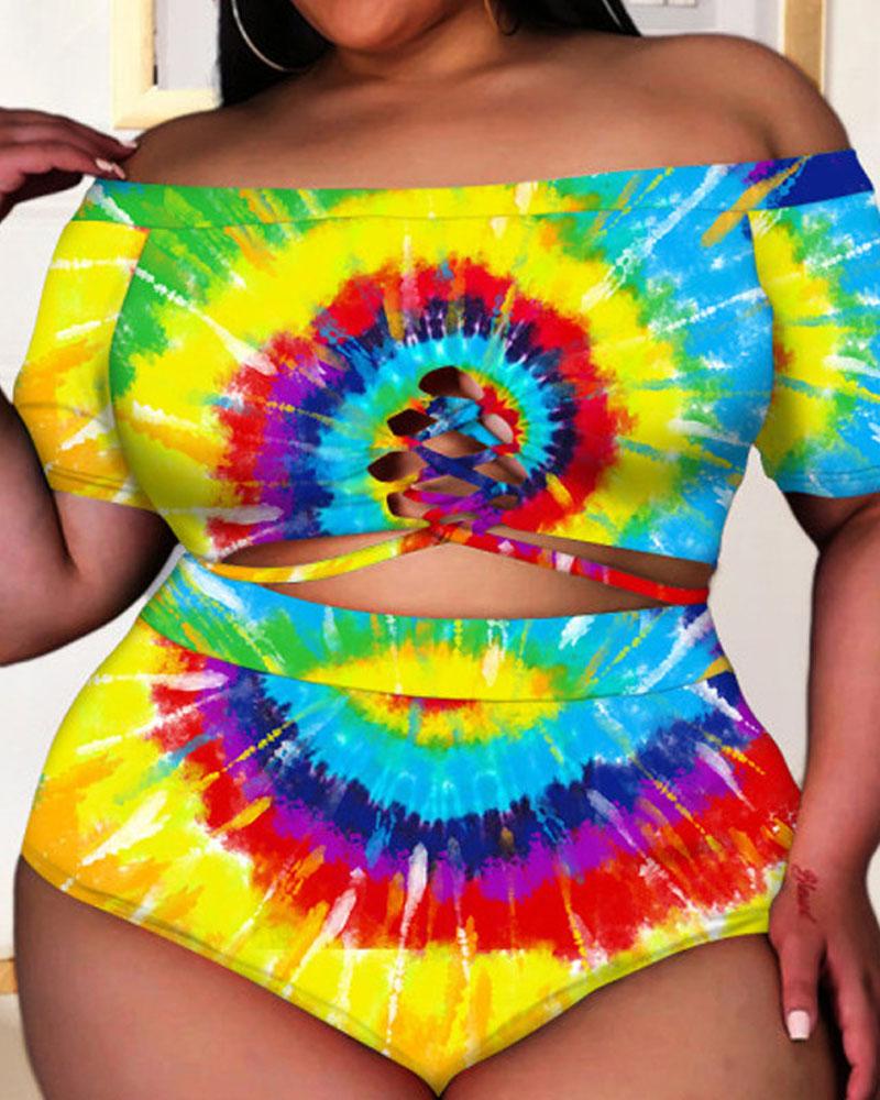 

Plus Size Tie Dye Print Off Shoulder High Waist Tankini Set, Multicolor