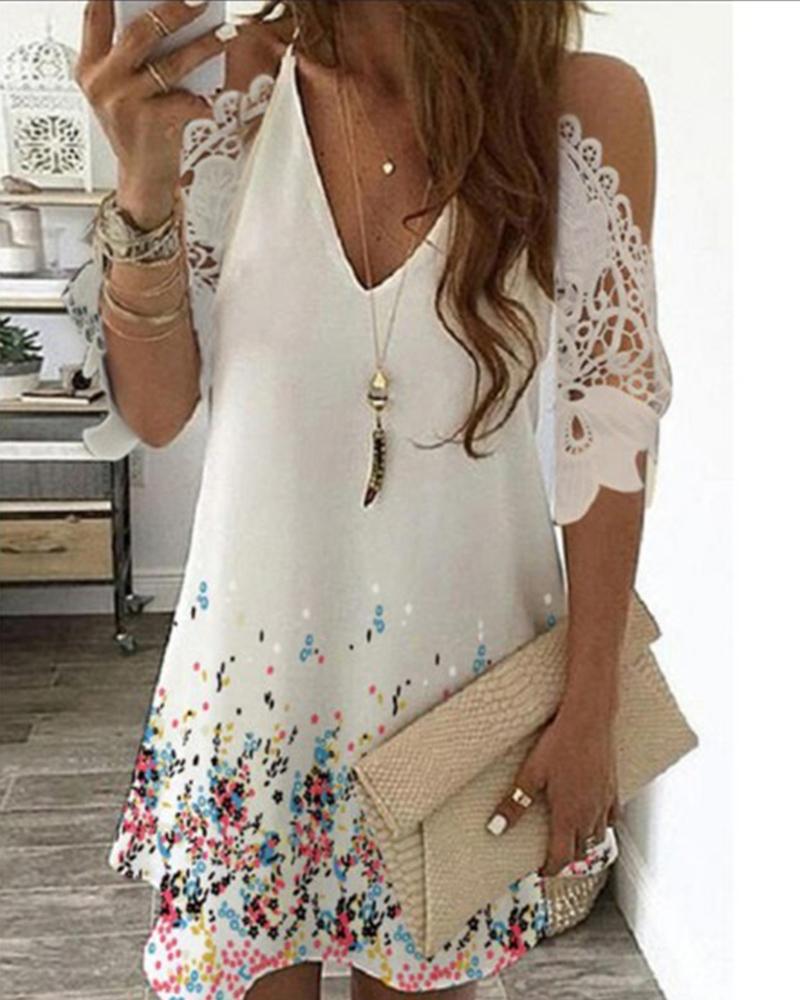 

Multicolor Floral Print Lace Hollow-out Short Sleeve Mini Dress, White
