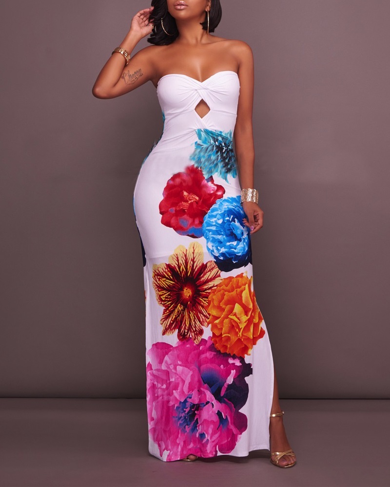 

Floral Print Cutout Bandeau Slit Skims Dress, White