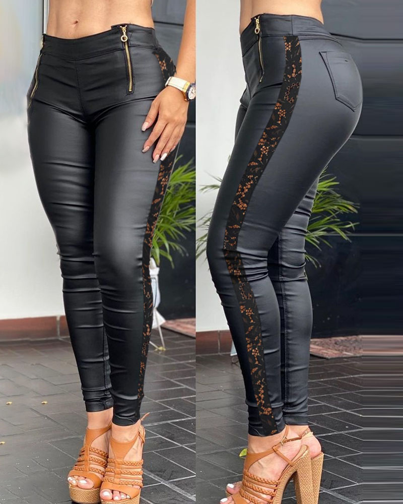 

Crochet Lace Patch Zipper Design PU Leather Pants, Black
