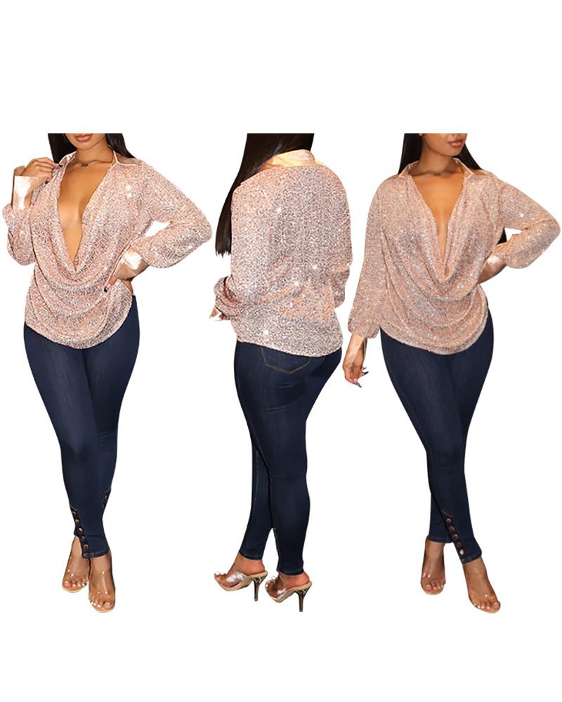 

Cowl Neck Long Sleeve Sequin Top, Champagne