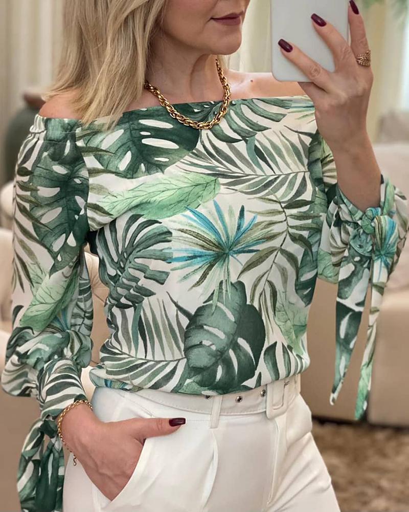 

Off Shoulder Leaf Print Tied Detail Top, Green