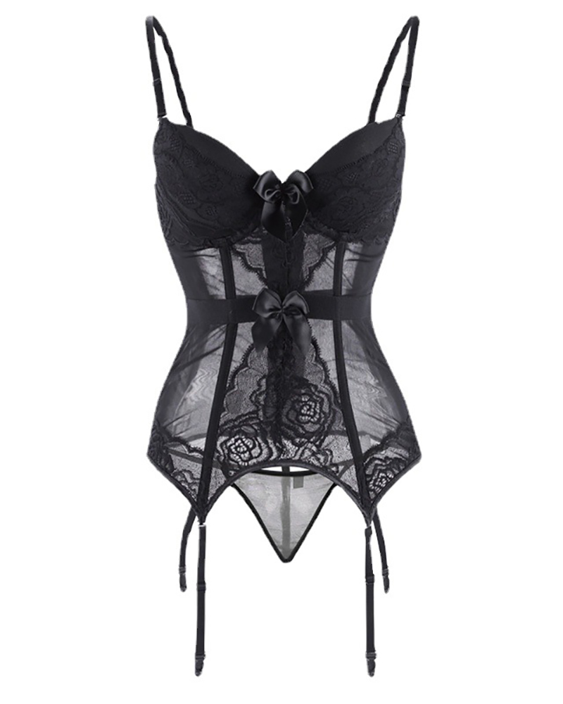 

Bowknot Decor Sheer Mesh Spaghetti Strap Corset, Black