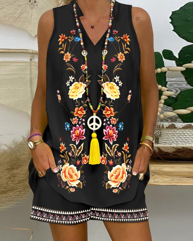 

Floral Tribal Print Sleeveless Top & Shorts Set, Black