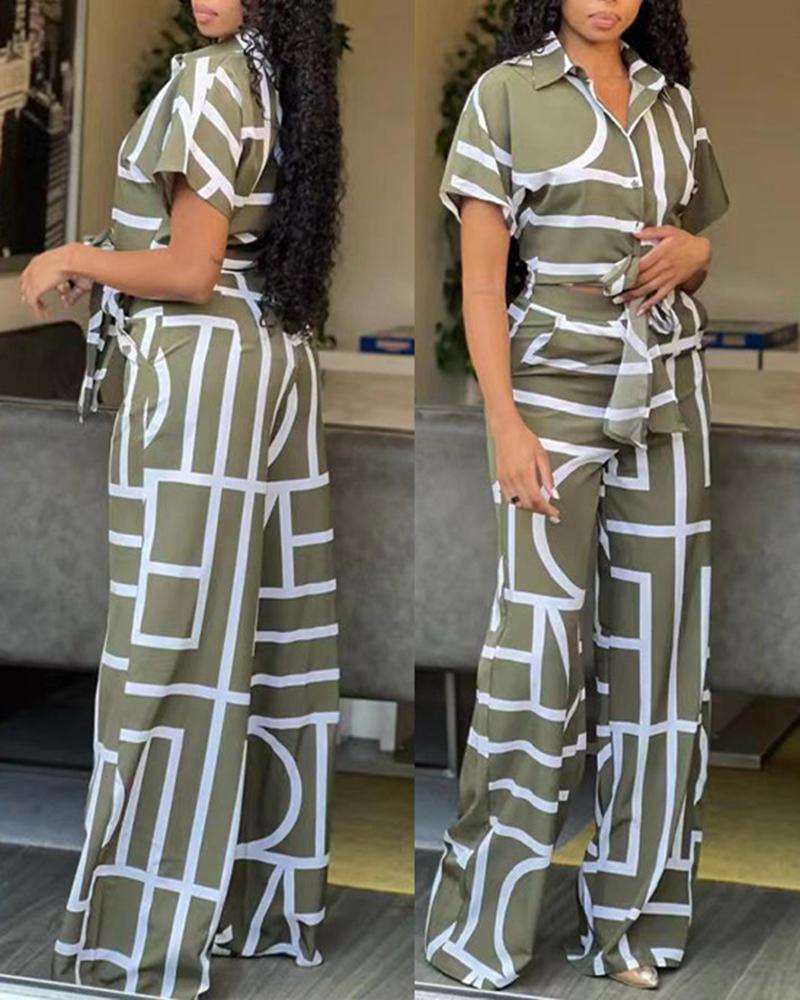 

Letter Print Crop Top & Wide Leg Pants Set, Green