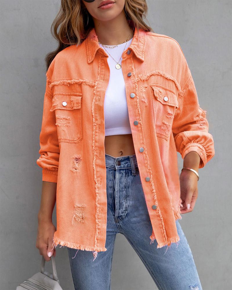 

Raw Hem Pocket Design Denim Coat, Orange