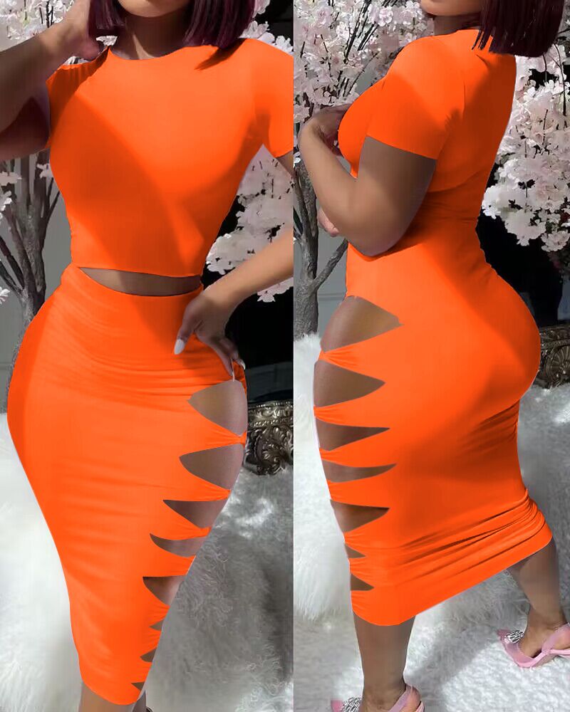 

Ladder Cutout Short Sleeve Top & Skirt Set, Orange