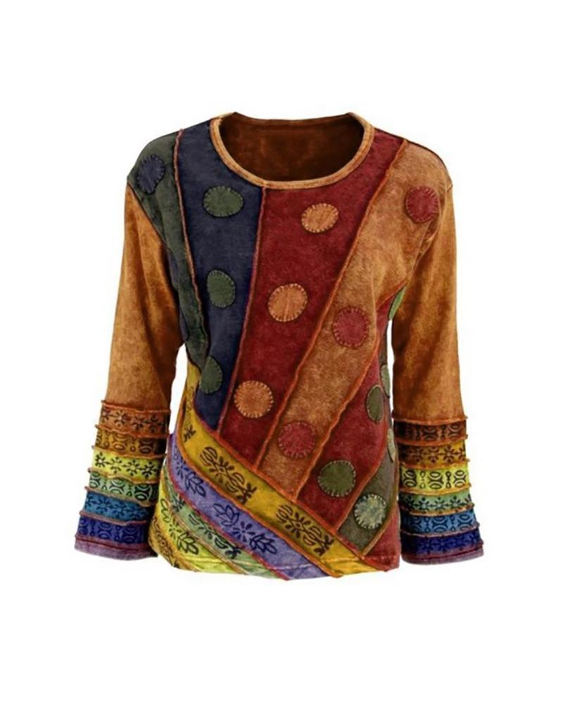 

Abstract Print Bell Sleeve Blouse, Brown