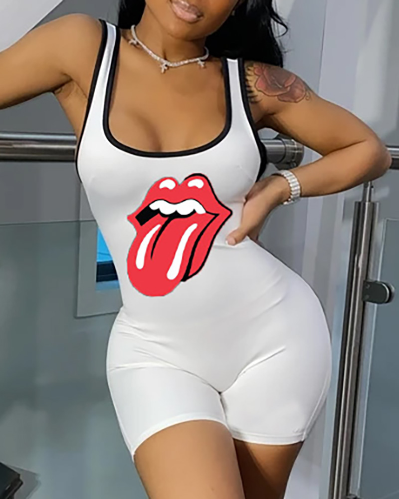 

Lip Print Contrast Binding Thick Strap Fitted Romper, White